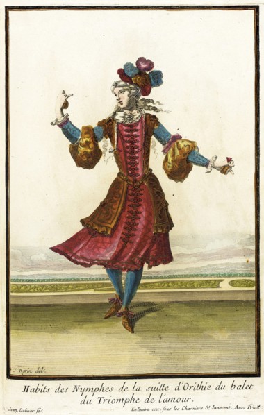 Recueil des modes de la cour de France, 'Habits des Nymphes de la Suitte d'Orithie du..., 1703-04. Creators: Jean Berain, Jean Lepautre, Jacques Le Pautre.