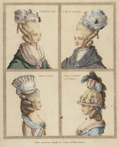 France, Rapilly, 18th Century Print showing Headdresses Engraving, hand-tinted gouach, 18th century. Creator: Unknown.