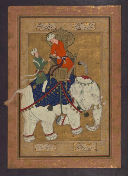 Single Leaf of Two Young Men Riding a White Elephant, early 11th century AH/AD 17th century. Creator: Unknown.