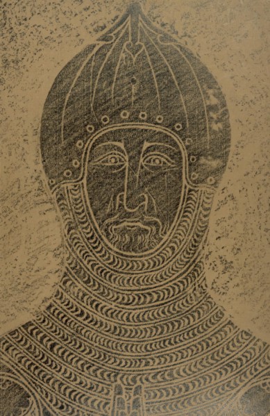 Brass rubbing of a knight in armour, 1949. Creator: John Woodcock.
