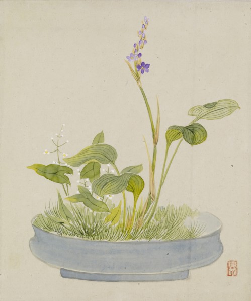 Leaf from Album Depicting Birds, Flowers, Landscapes, and Flower Pots, 1876. Creator: Yoshizawa Setsuan.
