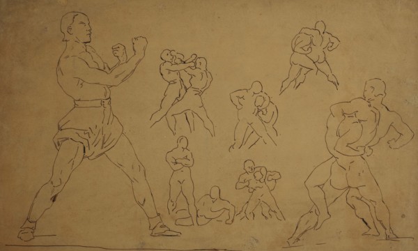 Sketches of wrestlers after gericault, 19th century. Creator: Antoine-Louis Barye.