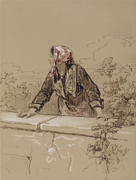 Peasant Woman Leaning on Wall, 1852-1866. Creator: Paul Gavarni.