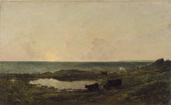 Sunset on the Coast at Villerville, 1855, with later retouching by the artist. Creator: Charles Francois Daubigny.