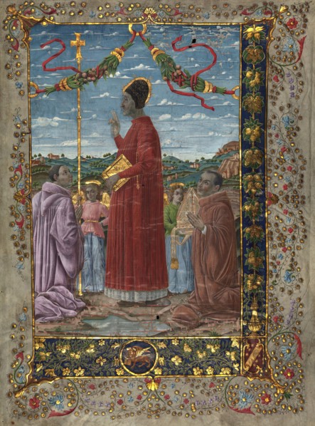 Saints with attendants, 20th-century painting on 14th-century antiphonary. Creator: Venetian Forger.
