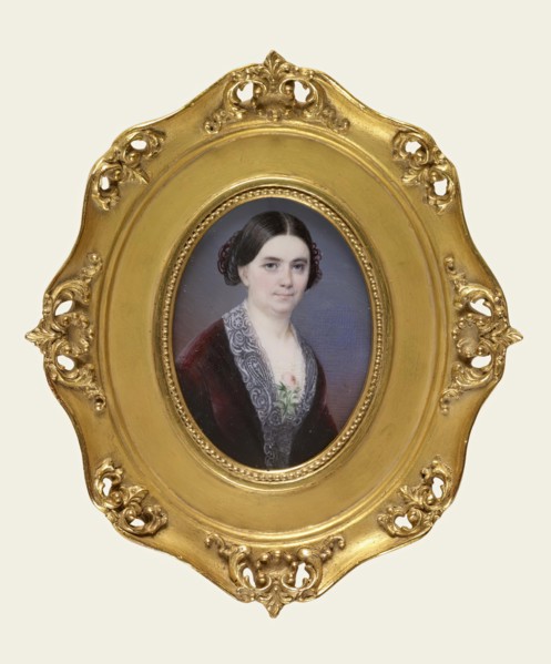 Lady in a red dress, c1850. Creator: Anne Hall.