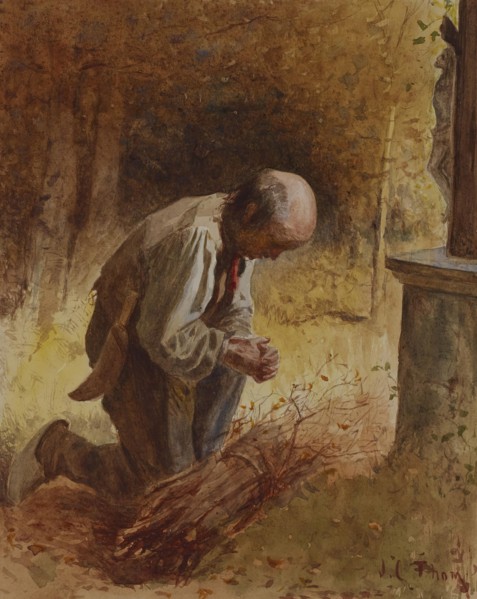 Woodcutter Kneeling before a Forest Shrine, c1865. Creator: James Crawford Thom.