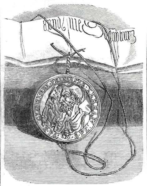 The Golden Bull of Clement VII. confirming Henry VIII. in the title of Defender of the Faith, 1860. Creator: Unknown.