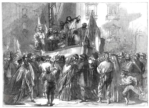 Padre Giovanni addressing the people in front of the Jesuits' College, Naples..., 1860. Creator: Unknown.
