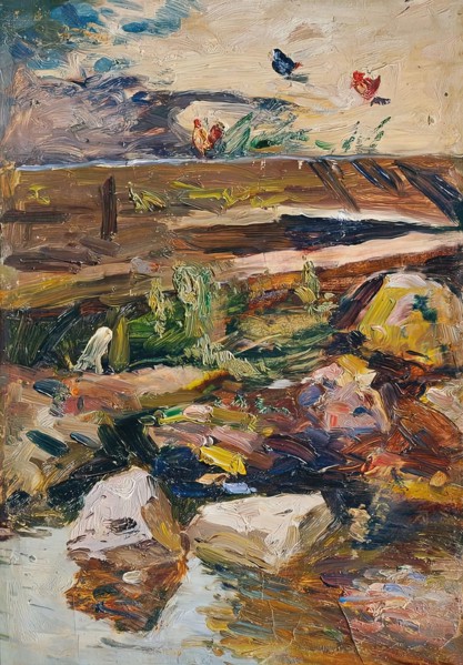 Stream bank with chickens, undated. (c1920s) Creator: Demeter Koko.