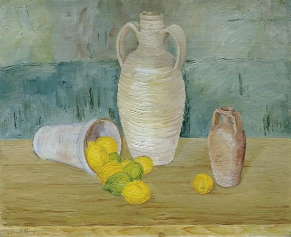Still life with stone jugs and lemons, undated. (c1920s) Creator: Emil Kraus.