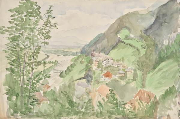River landscape in the mountains with castle, c1910/1920. Creator: Franz Barwig.