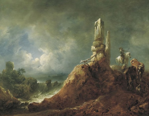 Landscape with ruins and riders in the moonlight, 1771. Creator: Johann Christian Brand.