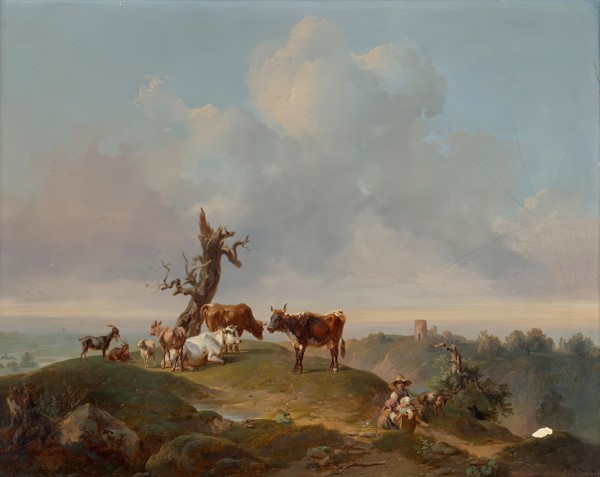 Cows and goats in the pasture, 1840. Creator: Joseph Heicke.