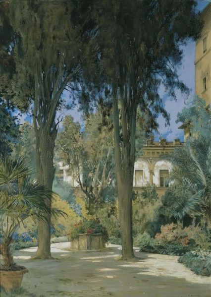 Vedute of the Embassy in Rome: Garden area with two cypresses, c1890/1900. Creator: Othmar Brioschi.