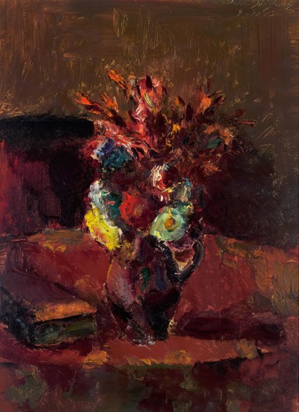 Flower bouquet with red tablecloth, 1913. Creator: Anton Faistauer.