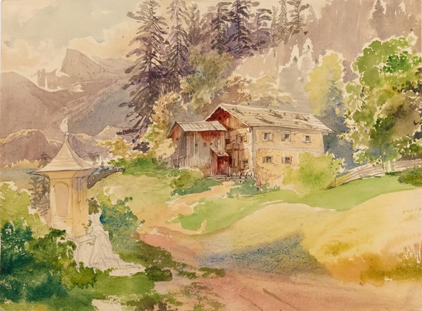 Alpine landscape with farmhouse and woman in front of Marterl, undated. (c1810s). Creator: Franz Steinfeld.