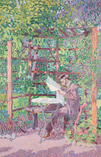 Man reading in an arbor, 1905. Creator: Rudolf Junk.