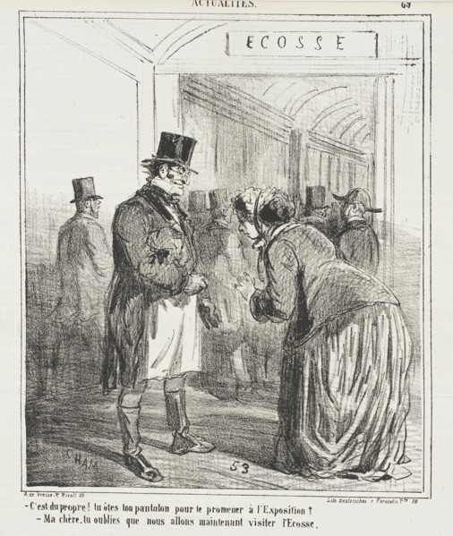 C'est du propre! Tu ôtes ton pantalon pour te promener à l'exposition? - Ma chère..., 1867. Creator: Cham.