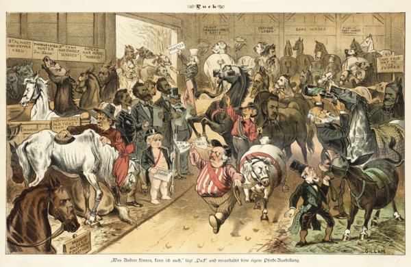 Cartoon from Puck, between 1880 and 1889. Creator: Bernhard Gillam.