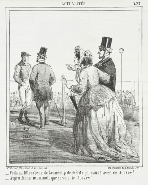 Voila un littérateur de beaucoup de mérite qui cause avec ce Jockey! -Approchons mon ami..., 1865. Creator: Cham.