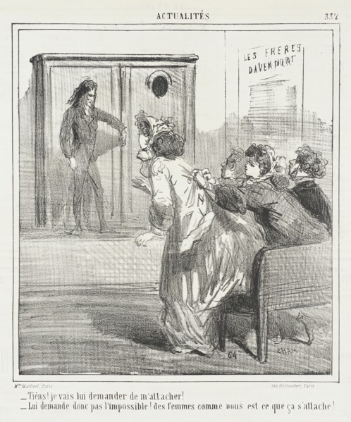 Tiens! Je vais lui demander de m'attacher! -Lui demande donc pas l'impossible! Des femme..., 1865. Creator: Cham.