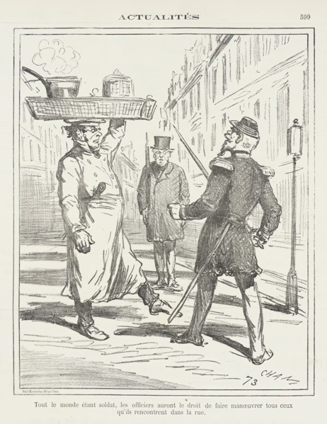 Tout le monde étant soldat, les officiers auront le droit de faire manoeuvrer..., 1871. Creator: Cham.