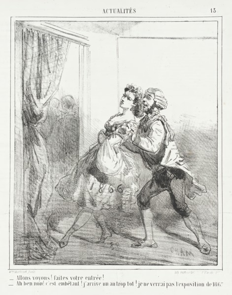 Allons voyons! Faites votre entrée. Ah ben non! -C'est embêtant. J'arrive un an trop tot!..., 1866. Creator: Cham.