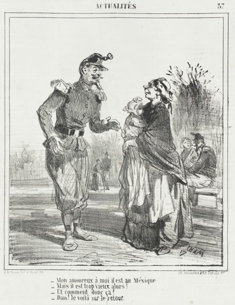 Mon amoureux à moi il est au Méxique. -Mais il est trop vieux alors! -Et comment donc..., 1866. Creator: Cham.