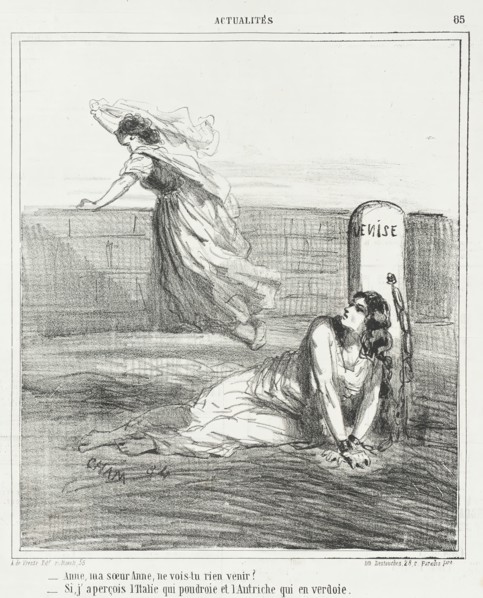 Anne, ma soeur Anne, ne vois-tu rien venir? -Si j'aperçois l'Italie qui poudroie et..., 1866. Creator: Cham.