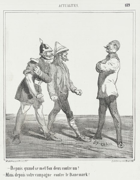 Depuis quand se mett'on deux contre un? -Mais depuis votre campagne contre le Danemark, 1866. Creator: Cham.