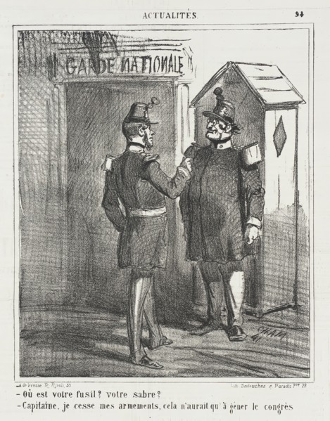 Guarde Nationale -Où est votre fusil? Votre sabre? -Capitaine, je cesse mes armements..., 1867. Creator: Cham.