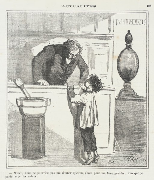 M'sieu, vous ne pourriez pas me donner quelque chose pour me faire grandir, afin que..., 1870. Creator: Cham.