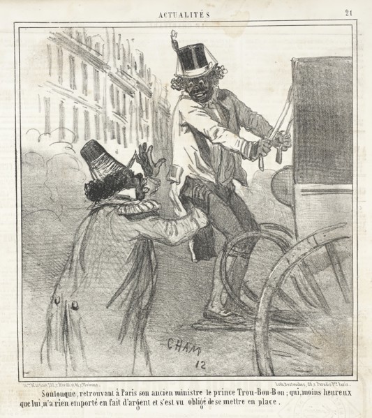 Soulouque, retrouvant à Paris son ancien ministre le prince Trou-bon-bon; qui, moine heureux...,1859 Creator: Cham.