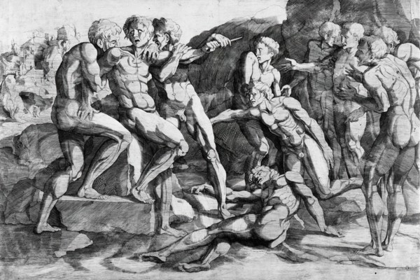 Ten Nude Men in a Landscape, 16th century. Creator: Domenico del Barbiere.