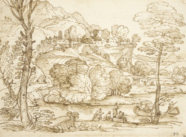 Landscape with River and Figures, between 1600 and 1699. Creator: Giovanni Francesco Grimaldi.