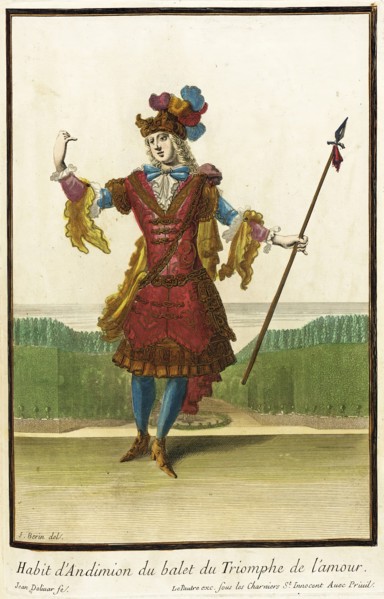 Recueil des modes de la cour de France, 'Habit d'Andimion du Balet du Triomphe de l'Amour',1703-1704 Creators: Jean Berain, Jean Lepautre, Jacques Le Pautre, Jean Doliver.