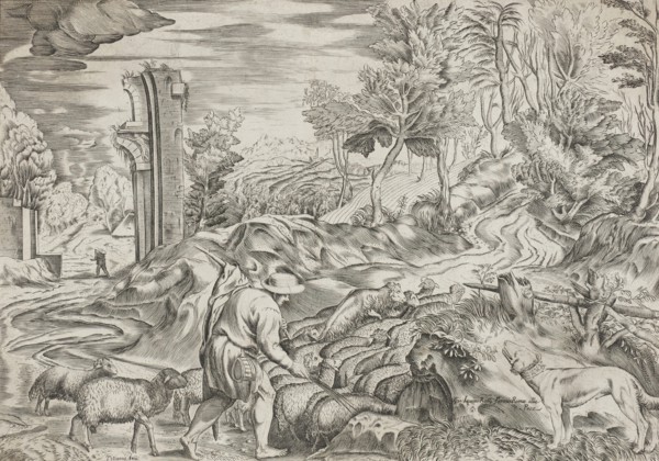 Landscape with Flock of Sheep and a Dog, 1560s - 1570s. Creator: Martino Rota.