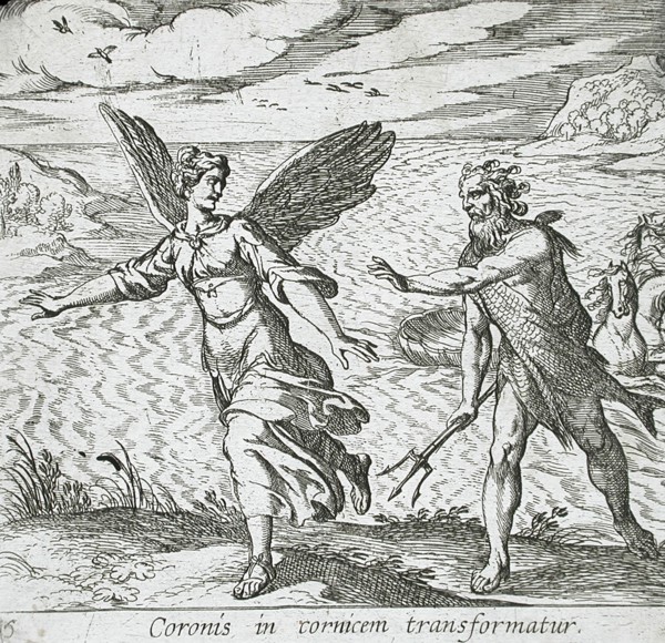 The Daughter of Coroneus Changed into a Crow, published 1606. Creators: Antonio Tempesta, Wilhelm Janson.