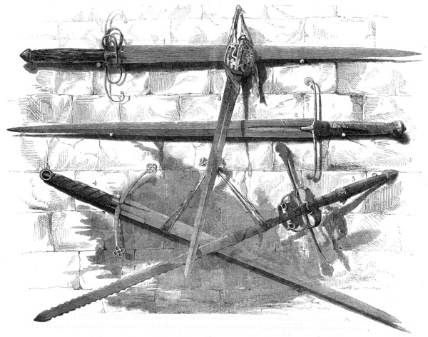 Swords of Scottish Heroes exhibited at the laying of the foundation-stone of the Wallace..., 1861. Creator: R. Paterson.