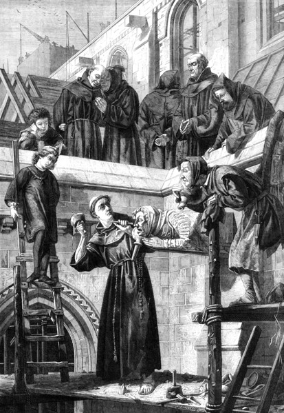 The Franciscan Sculptor, by H. S. Marks, from the exhibition of the Royal Academy, 1861. Creator: Dalziel Brothers.