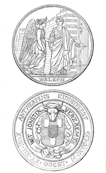 Medal struck by the City of Antwerp in commemoration of the Art Fetes, August, 1861. Creator: Unknown.