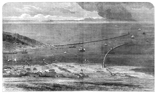 Birdseye view of the Sulina mouth of the Danube, showing the works of improvement lately..., 1861. Creator: Unknown.