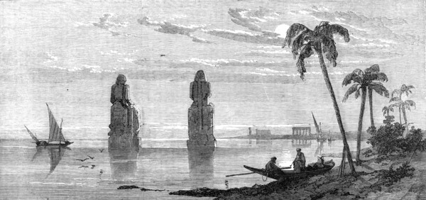 Inundation of the Nile: colossal statues in the Plain of Thebes, 1861. Creator: Richard Principal Leitch.