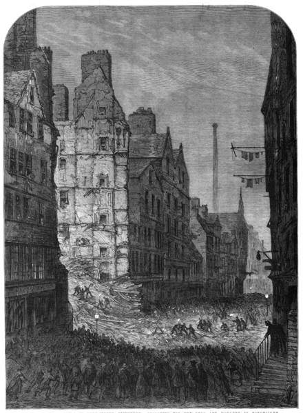 The fall of a house in High-Street, Edinburgh: searching for the dead and wounded by..., 1861. Creator: Unknown.