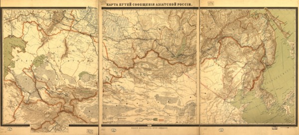Wall map showing Russian railroads, navigable rivers, highways, and shipping routes, 1901. Creator: Unknown.
