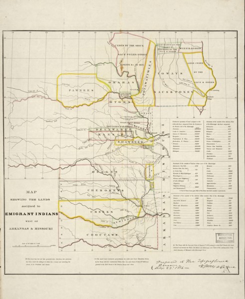 Map showing the lands assigned to emigrant Indians west of Arkansas and Missouri, 1836. Creator: Topographical Bureau.