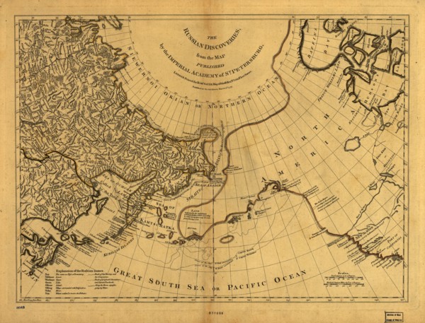 The Russian discoveries from the map published by the Imperial Academy of St. Petersburg, 1775. Creator: Unknown.
