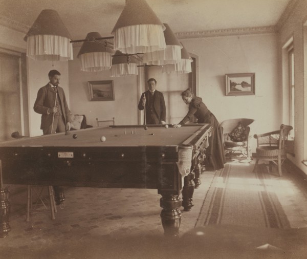 Frederick S Pray, David M Clarkson, and Sarah E Smith, posed by the billiard table..., Russia, 1899. Creator: Eleanor Lord Pray.