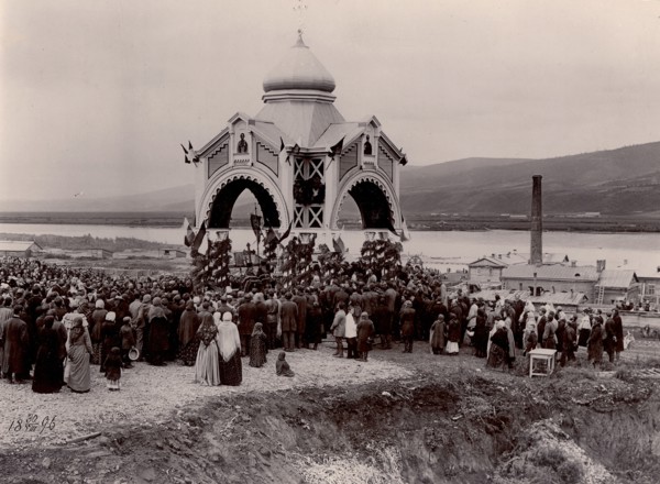 A prayer service at the laying of a railway bridge over the Yenisei River, 1896. Creator: IR Tomashkevich.